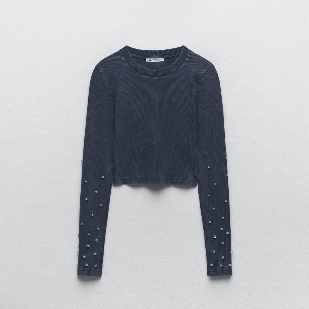 NWT - Zara Dark Grey Top with Sleeve Embellishments